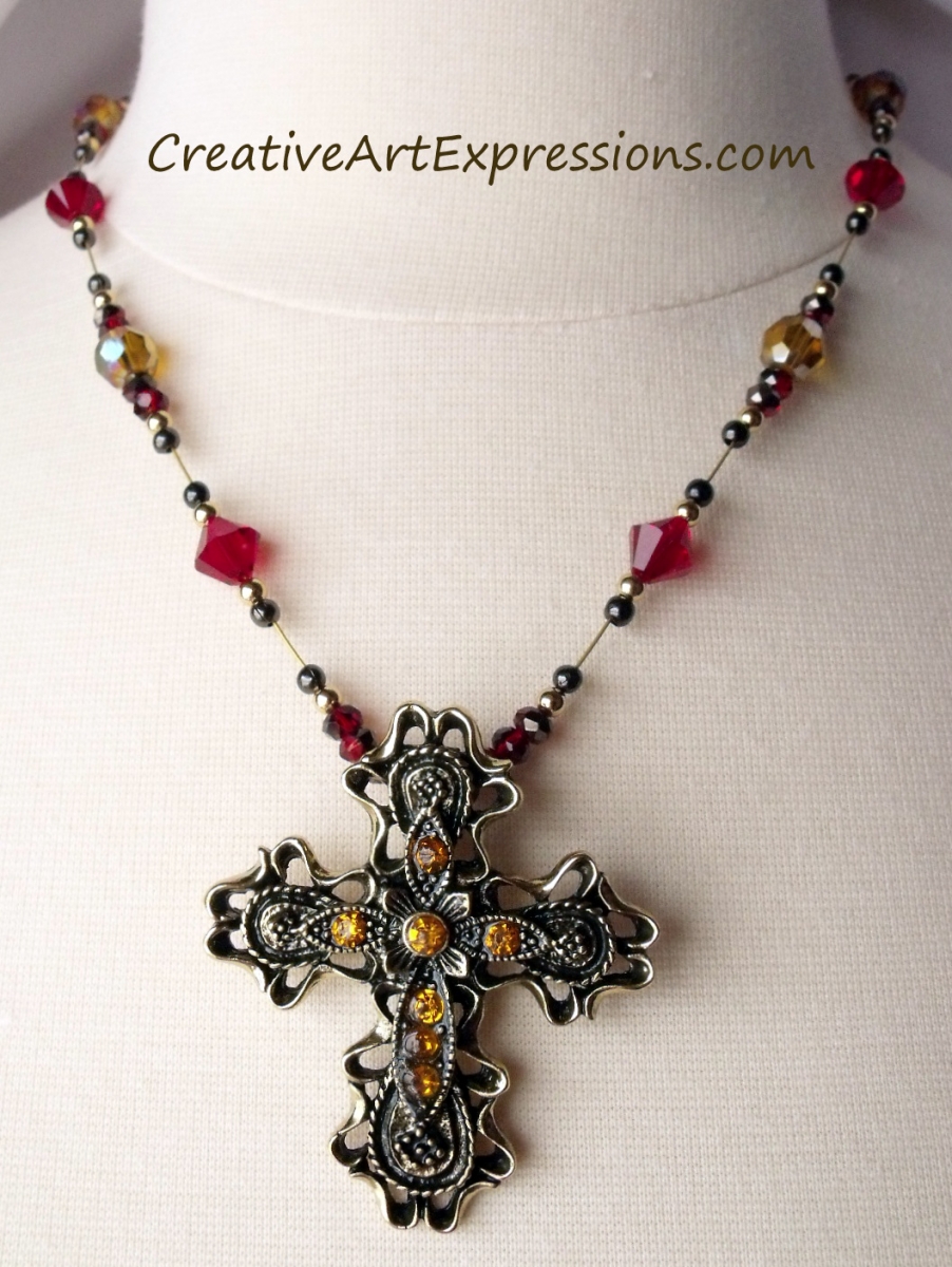 Creative Art Expressions Handmade Red & Gold Cross Necklace Jewelry Design